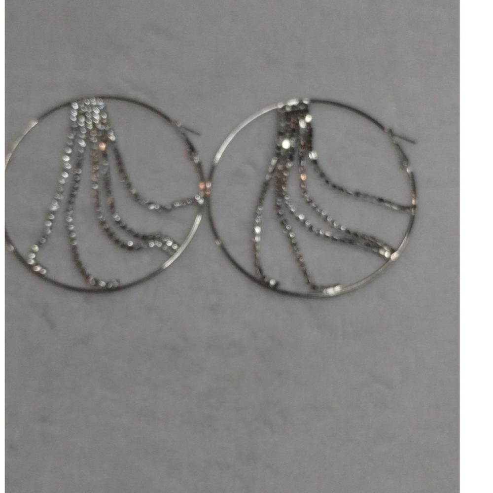 Silver Rhinestone Fringe Dangle Hoop Earrings Large‎ 3 Inch Glam Statement